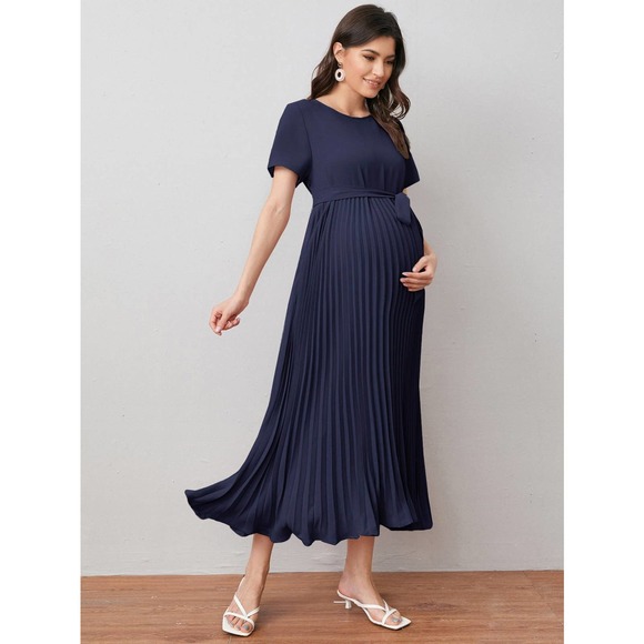 Maternity Self Belted Pleated Dress - Picture 3 of 8